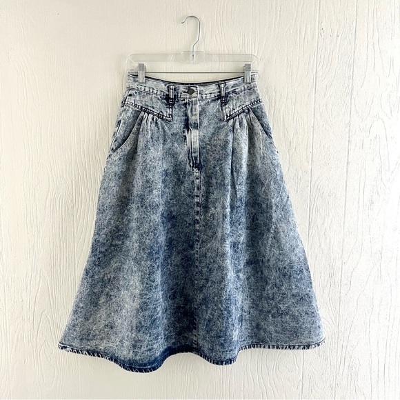 Vintage 80s Women’s Kayo of California Acid Wash Denim Midi Skirt - Picture 1 of 8